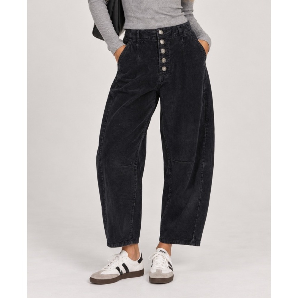 Free People Good Luck Barrel Corduroy Mid Rise Button Fly Gray Pant Jeans 24